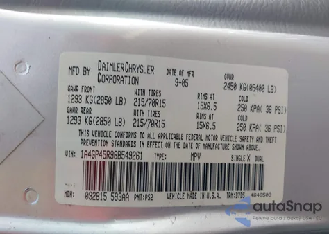 2006 Chrysler Town & Country z USA, uszkodzony, nr VIN 1A4GP45R96B549261